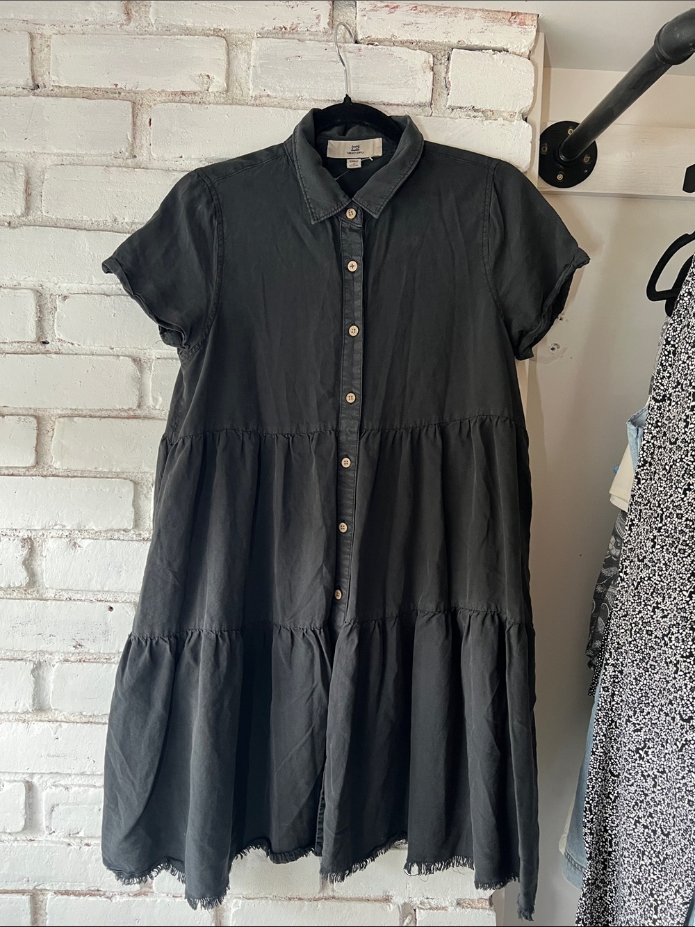 Thread & Supply Black Short-Sleeve Button Front Tiered Mini Dress